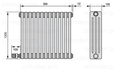 Схема (чертеж) Радиатор Zehnder Charleston 4120/13 №V003 Белый глянцевый RAL 9016